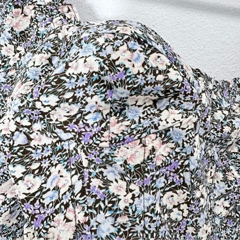 ASTR Ditsy Floral‎ Smocked Cropped Bodice Long Puff Sleeve Blouse Size S